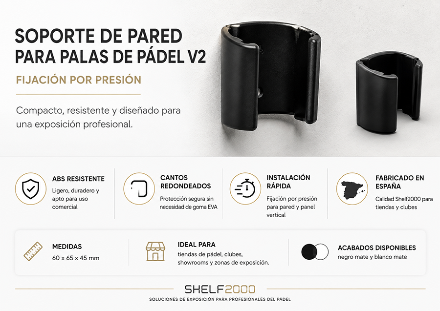 soporte de pared para palas de p&aacute;del en ABS negro mate, con fijaci&oacute;n a pared y dise&ntilde;o compacto para tiendas y clubes de p&aacute;del.